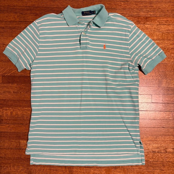 Polo Ralph Lauren Mens Large L Turquoise White Striped Polo Shirt - Picture 1 of 8